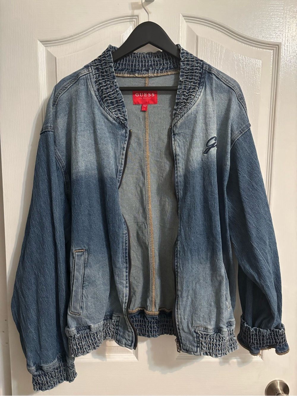 GUESS Two-Tone Blue Washed Denim Bomber Jacket